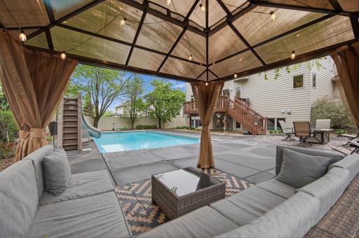 A serene view from the pool cabana, where the current owners often relaxedâlistening to the peaceful surroundings while sipping coffee in the morning or enjoying a cocktail in the evening. Utterly tranquil.