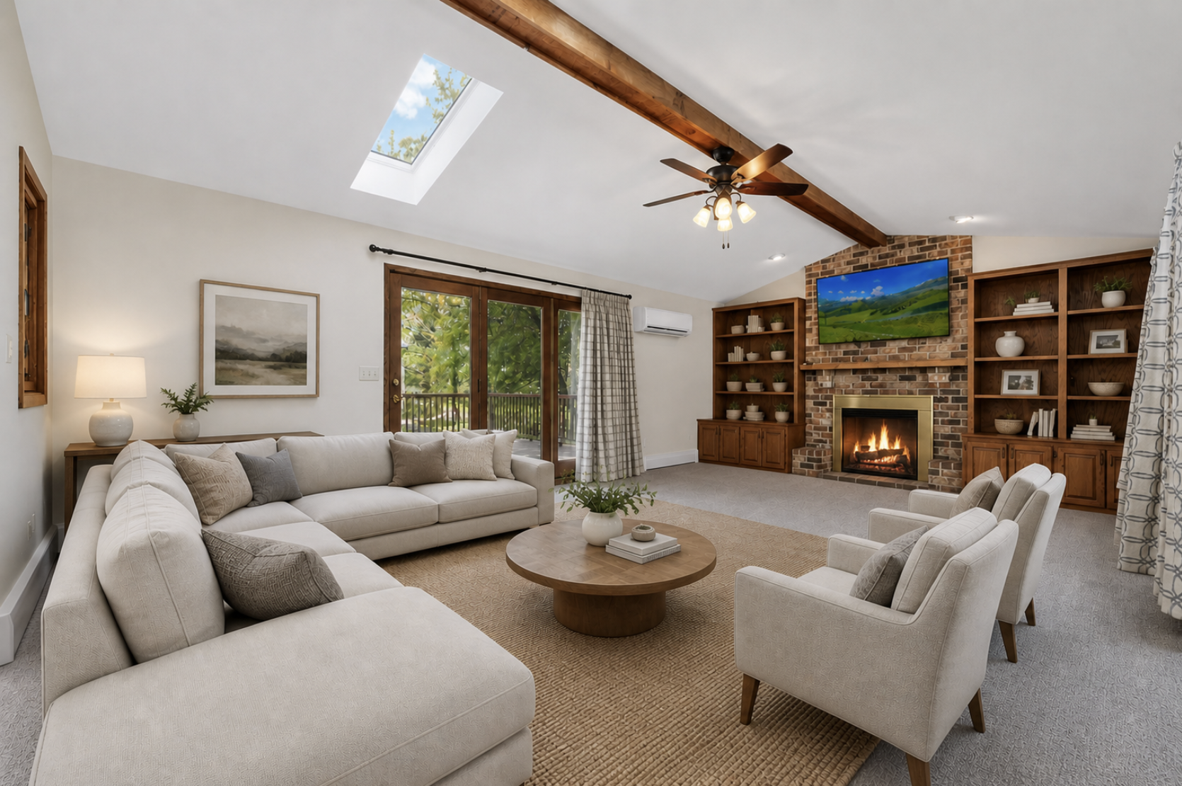Spacious family room addition off of updated kitchen, cozy fireplace, custom built in cabinetry, doors leading out to deck. (virtually staged)