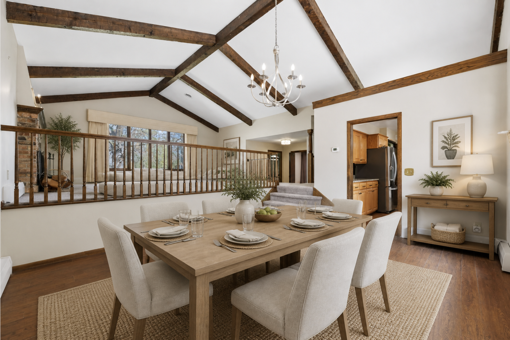Spacious, vaulted & beamed dining area off of neighboring kitchen (virtually staged)