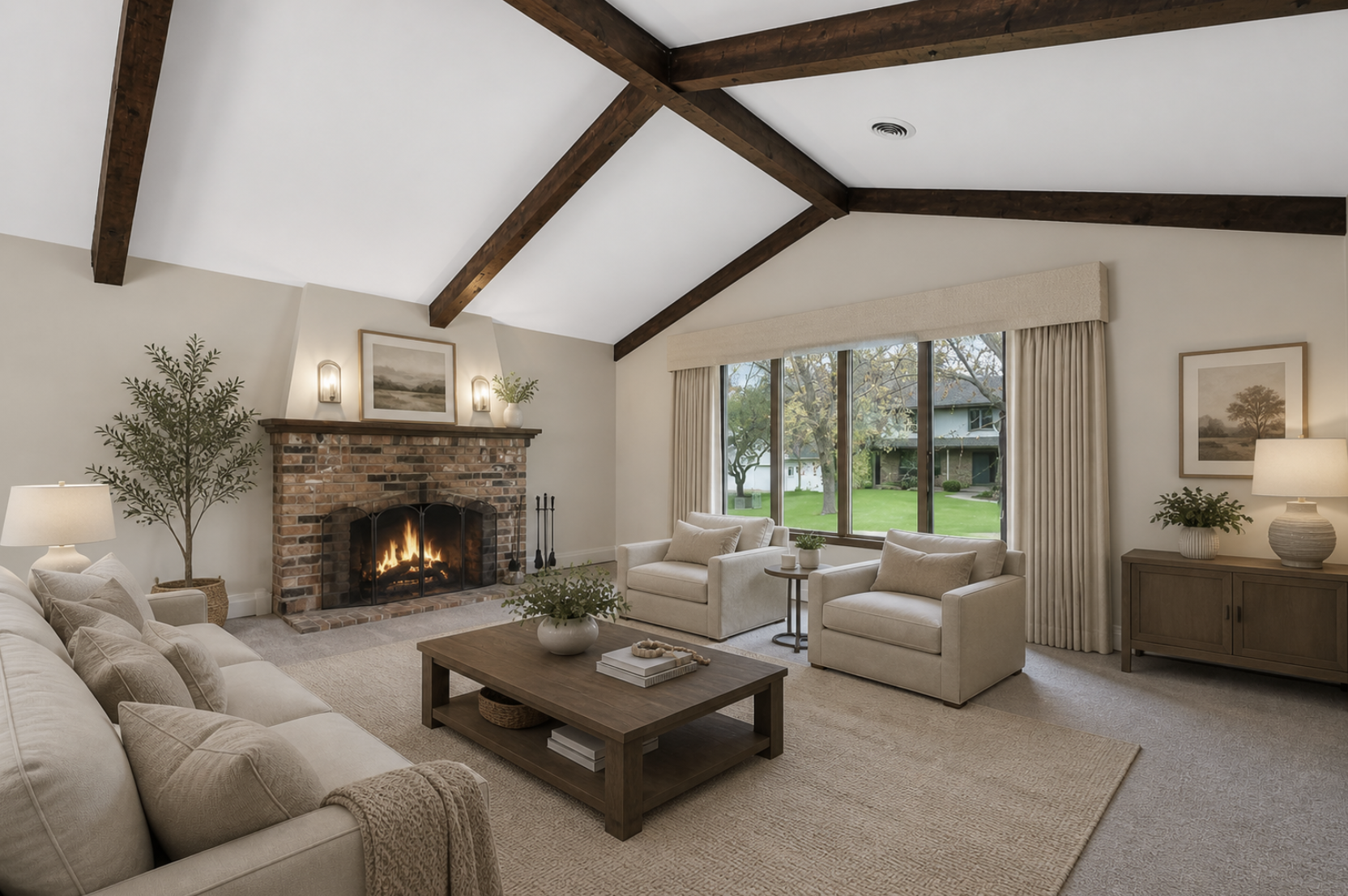 Spacious, vaulted & beamed living room, new windows throughout home (2022), lots of natural sunlight, open concept, neutral colors (virtually staged)