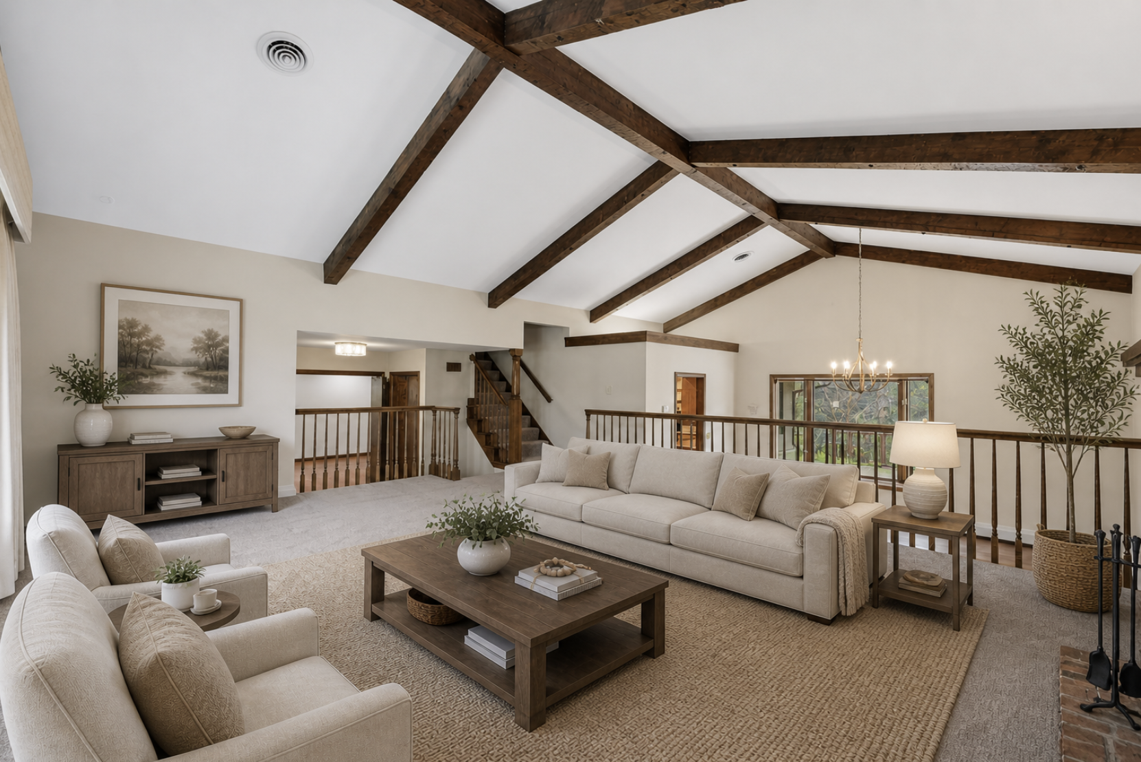 Spacious, vaulted & beamed living room, new windows throughout home (2022), lots of natural sunlight, open concept, neutral colors (virtually staged)