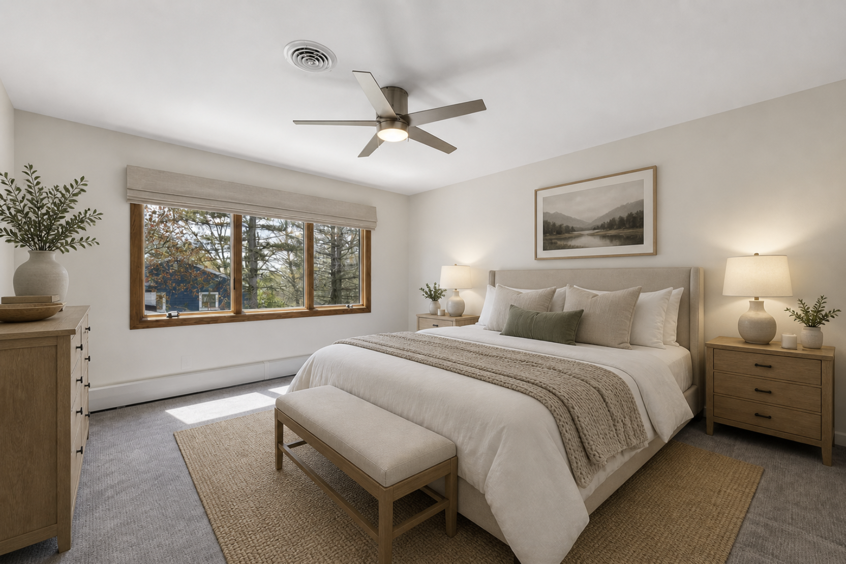 Open & bright owner suite with private bath & walk in closet, neutral decor & ceiling fan (virtually staged)