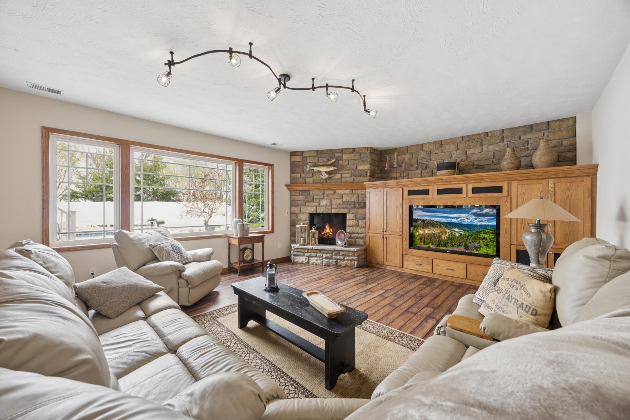 Spacious lower level family room featuring a gas fireplace, built-ins, and large windows with pool and patio views.