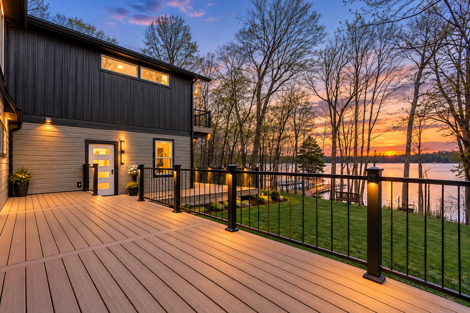 Expansive lakeside deck with a view, virtually enhanced