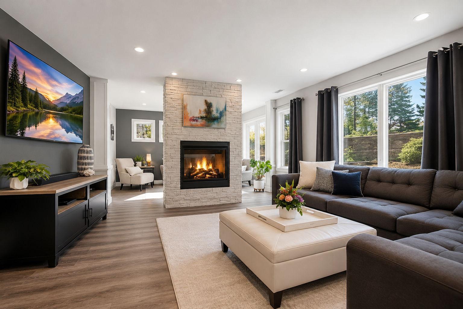 Cozy up to the convenient, flip of a switch firelplace with custom stone