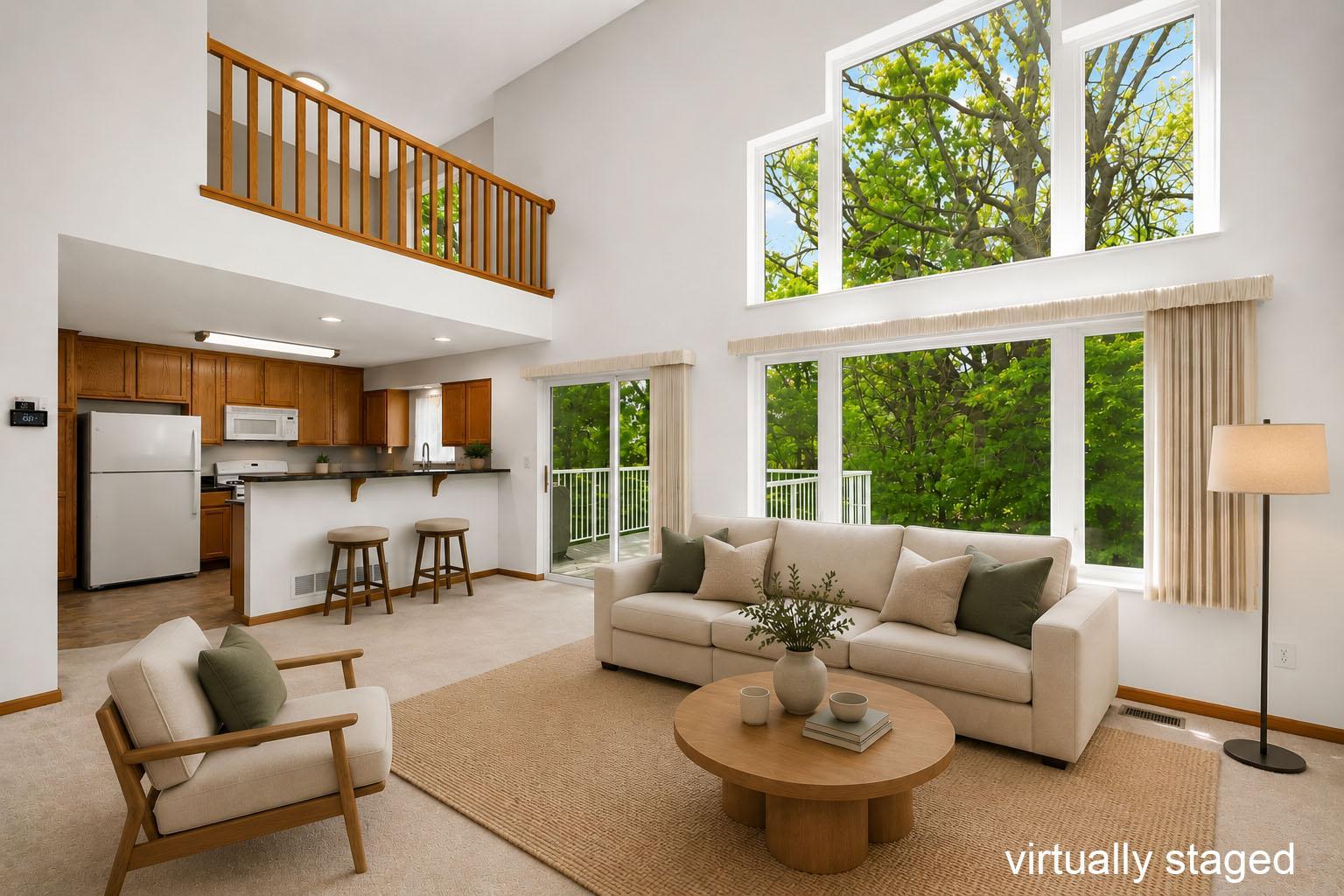 Virtually Staged - beautiful open floor plan with a vaulted ceiling and large windows overlooking the wooded backyard