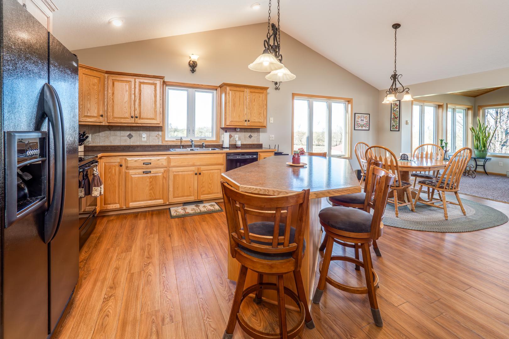 Vaulted ceiling Kitchen, Dining and Living Room