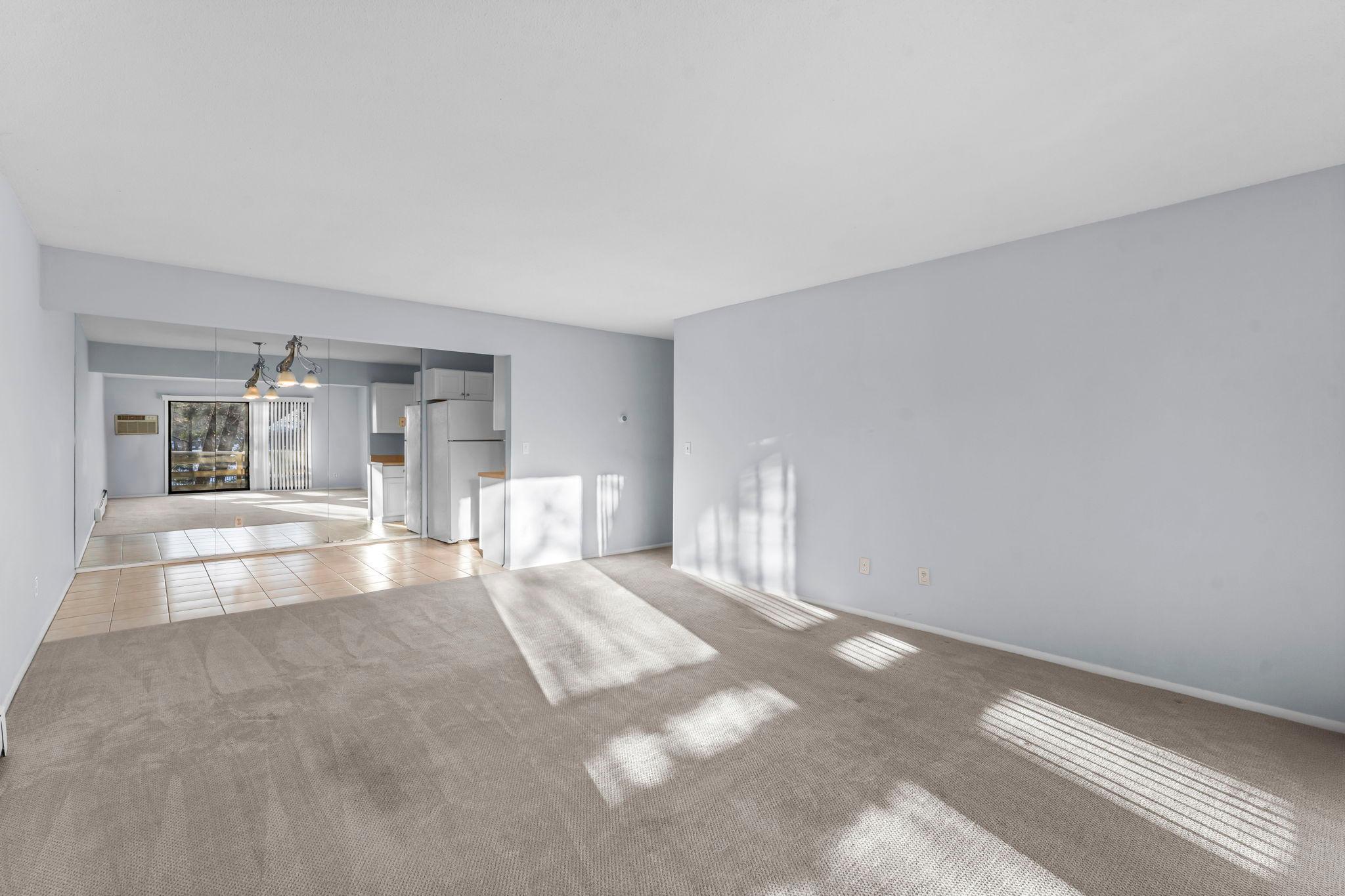 Living room in foreground; kitchen in background
