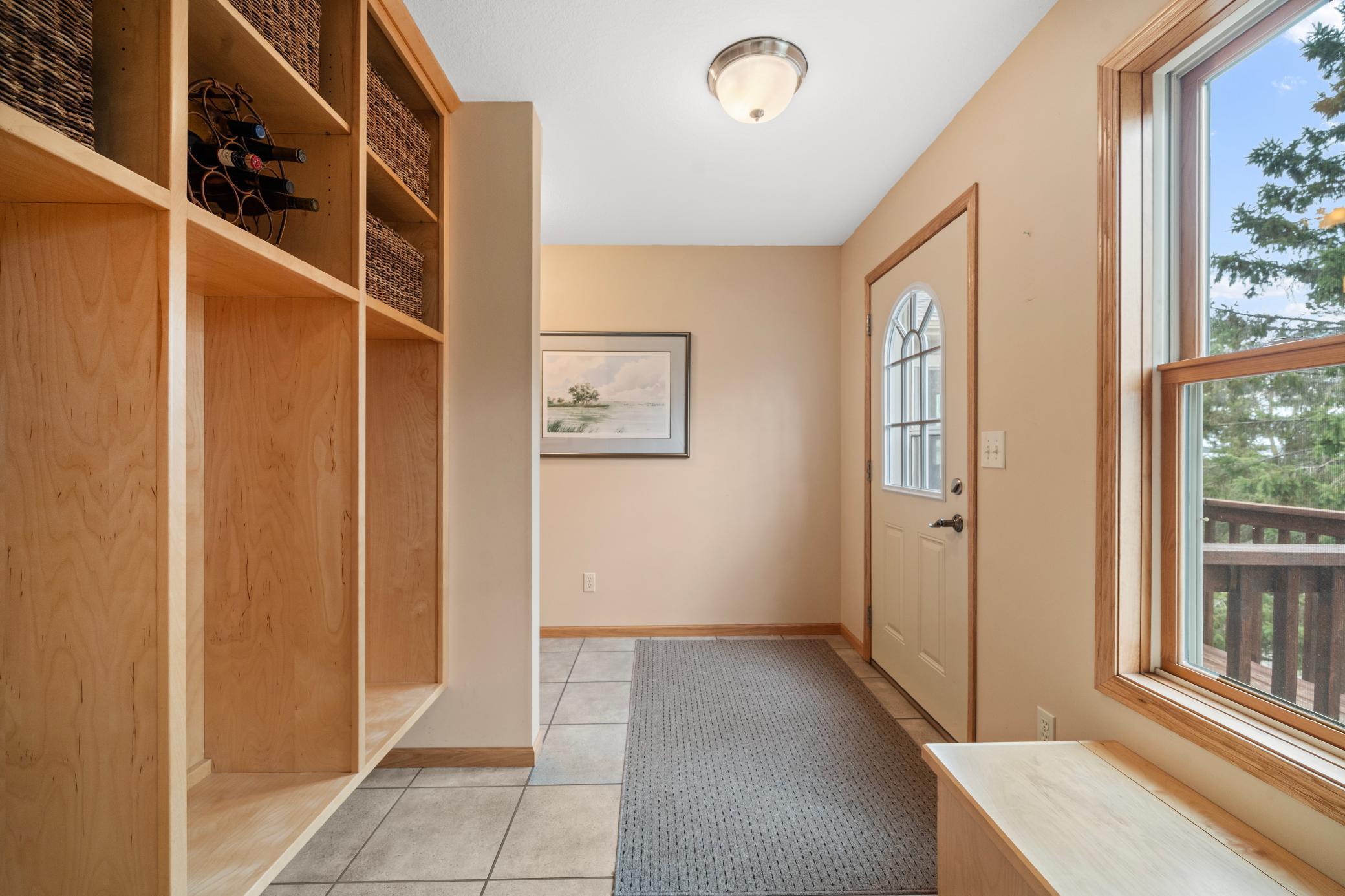 Convenient cubbies for beach towels and sandals