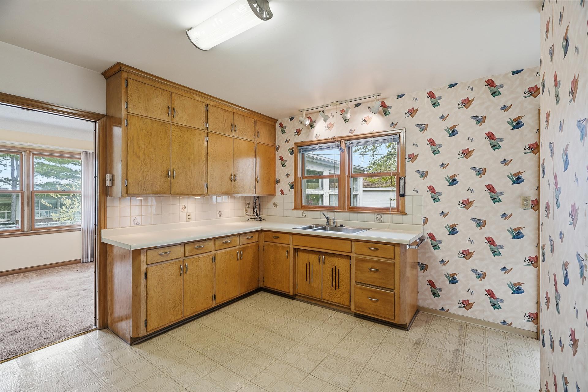 Vintage cabinets and formica countertops.