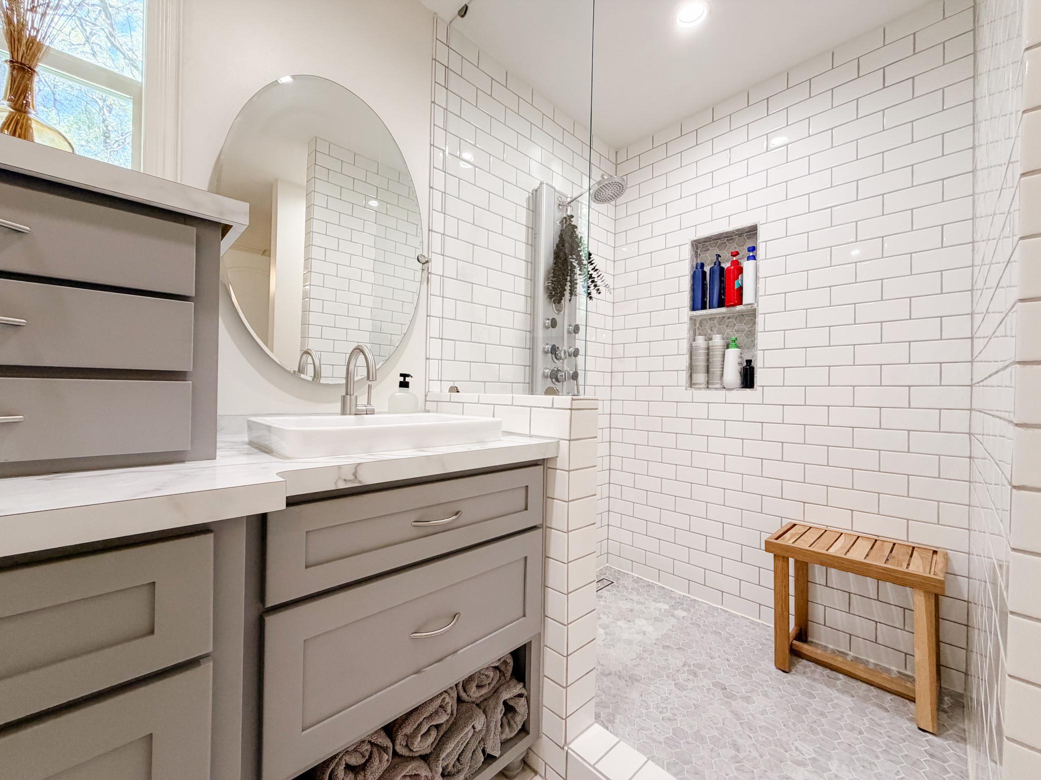 Dual sink, walk in tile shower