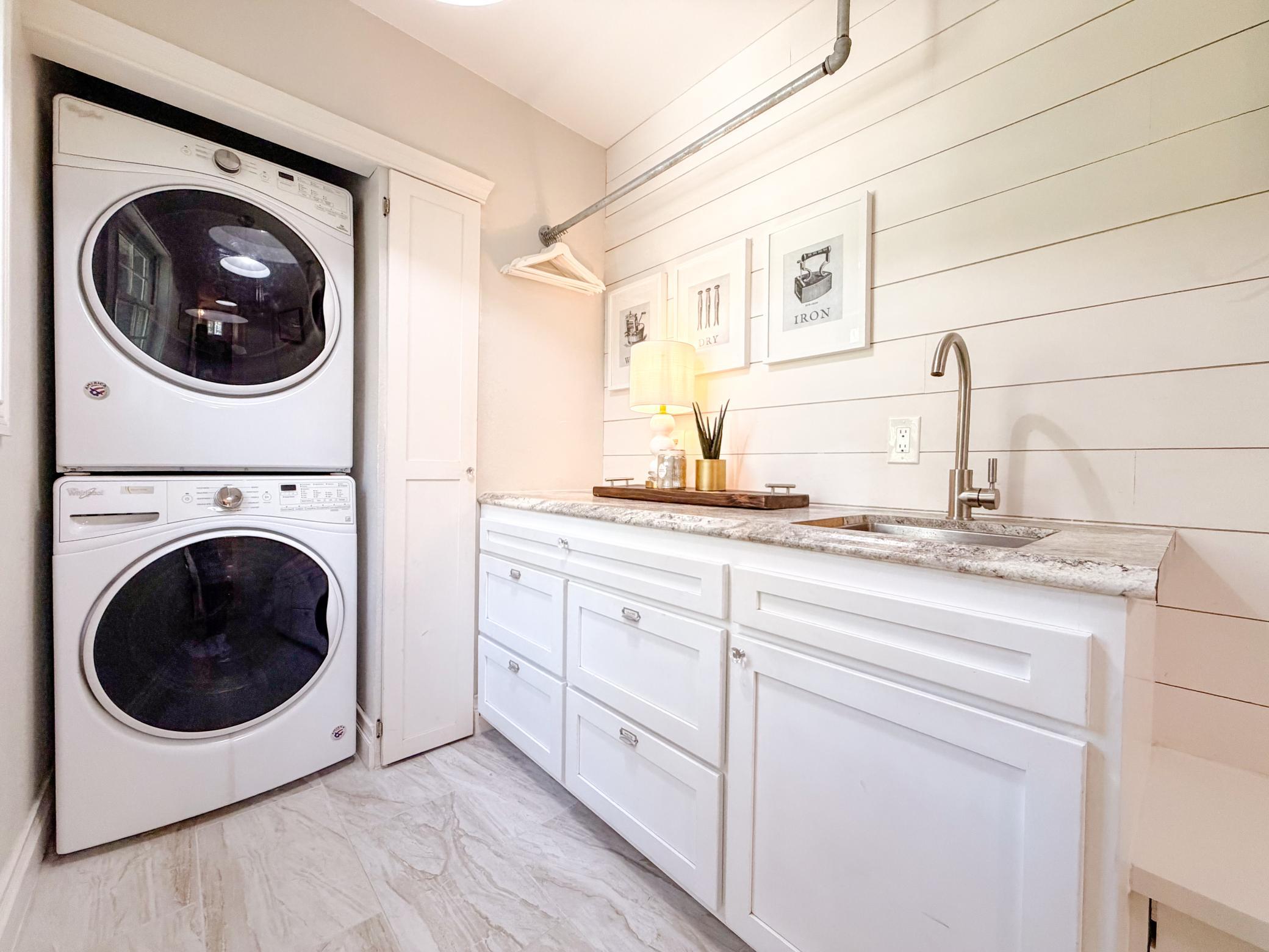 Stackable electric laundry, sink, organizer drawers, and broom closet