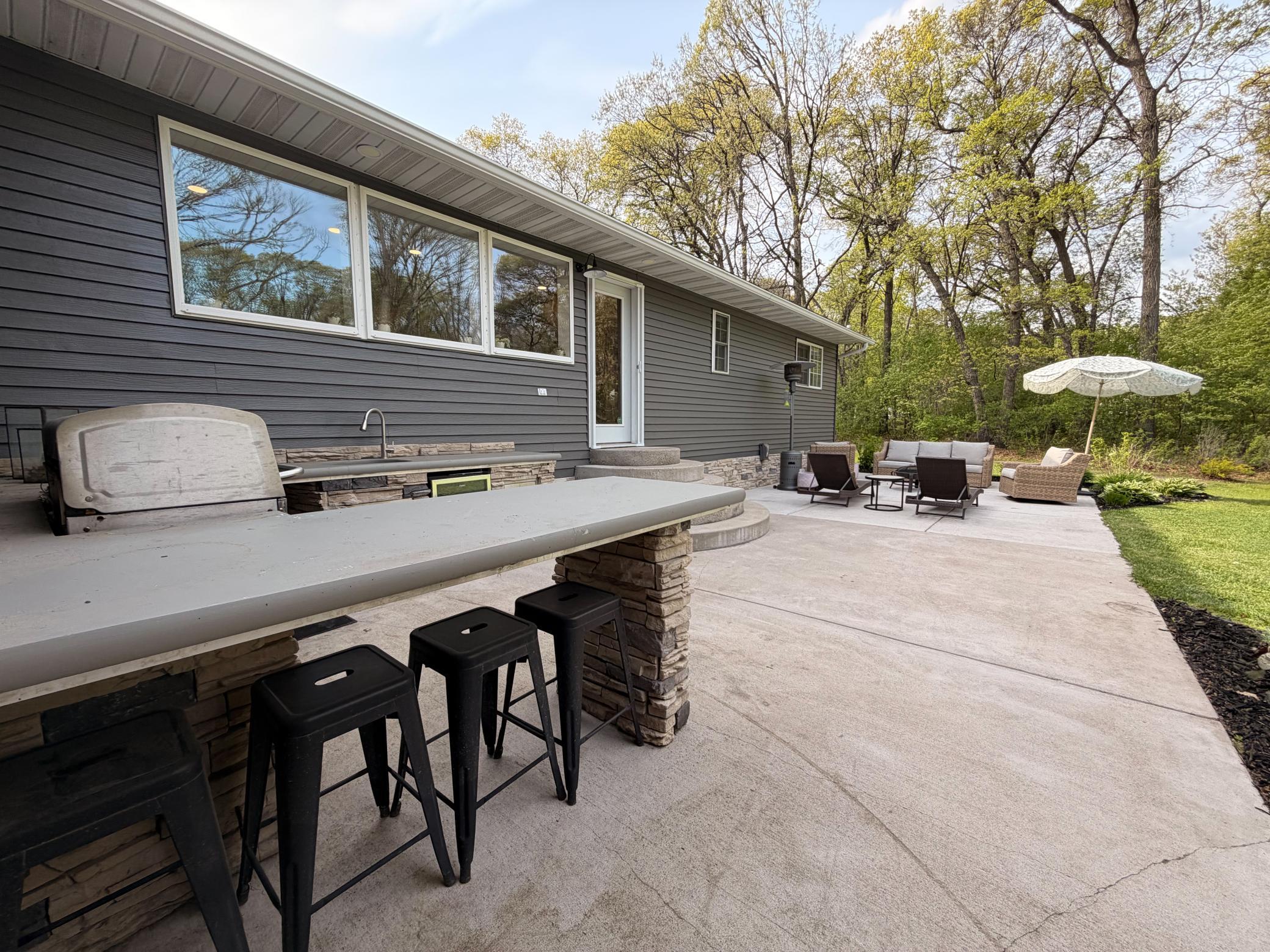 Bar seating and large back patio