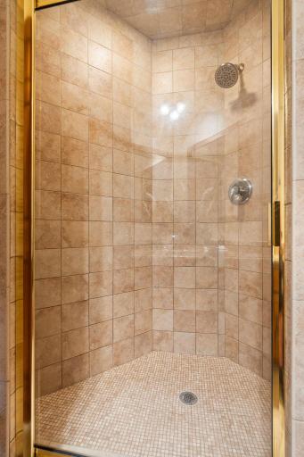 Pristine walk-in shower with floor-to-ceiling ceramic tile and a bright brass-framed glass door.