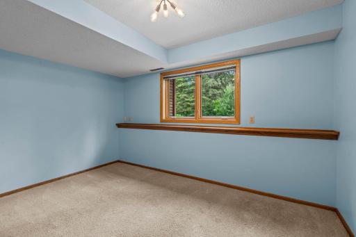 Clean and bright third bedroom featuring neutral carpet, a wood-trimmed ledge, and serene window views.