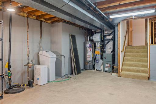 Well-maintained mechanical corner featuring the furnace, water heater, water softener, and sump pump.