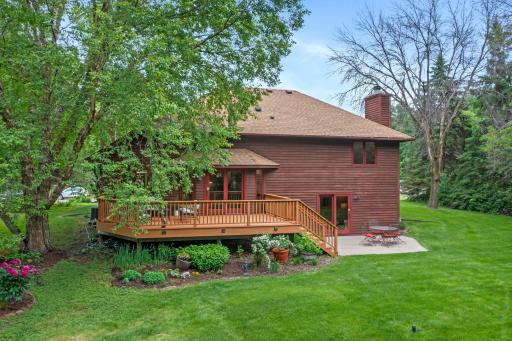 Slightly elevated yard perspective highlighting the mature trees framing the property boundaries.