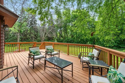 Spacious wood deck setup featuring comfortable patio seating and peaceful views of the wooded lot.