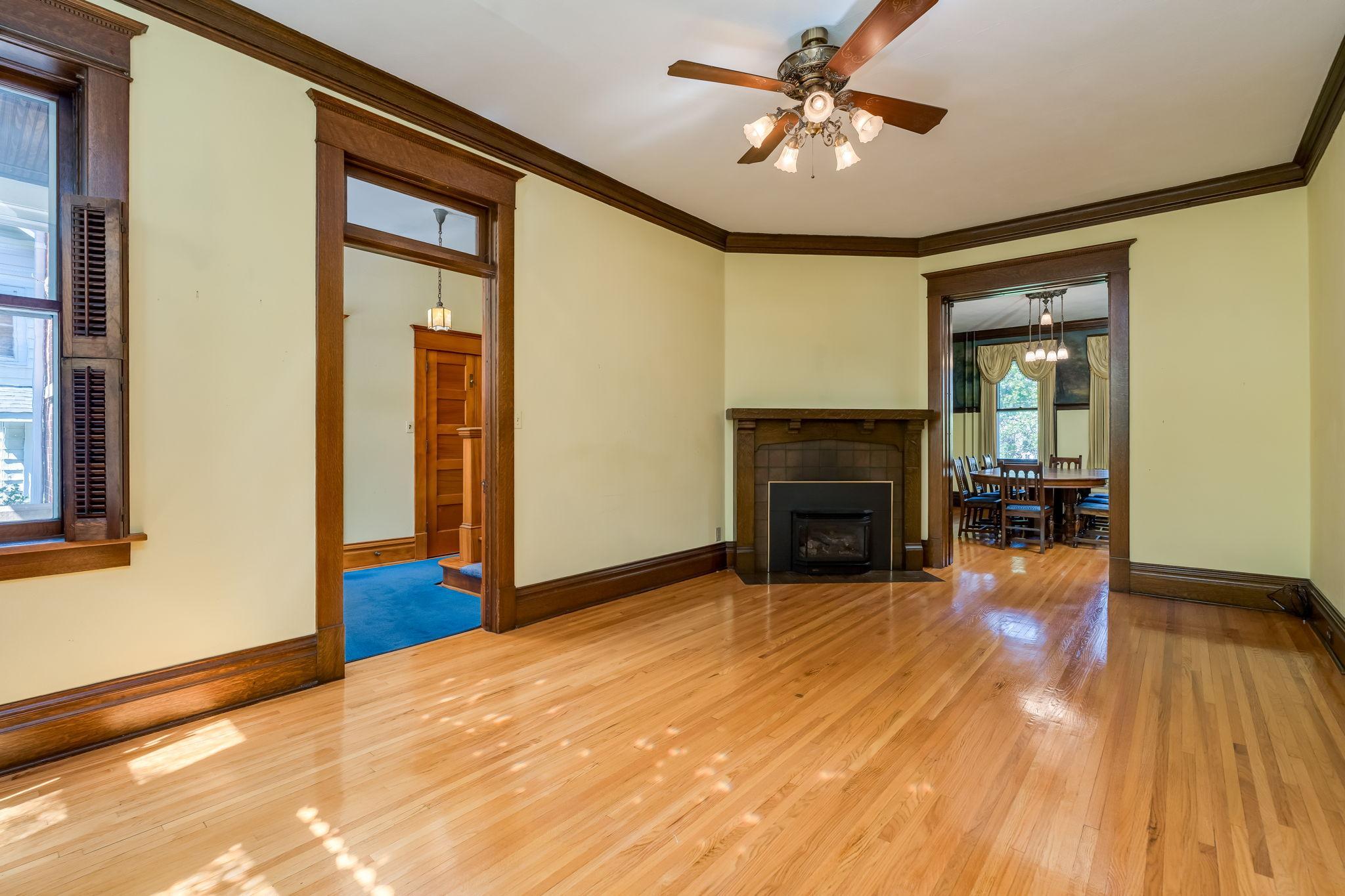 Gas fireplace in first living room