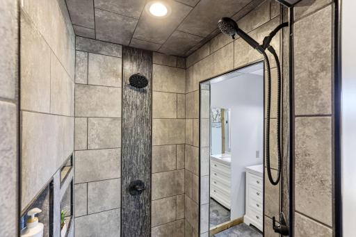 Walk-in shower with double shower heads and jets for your showering comfort
