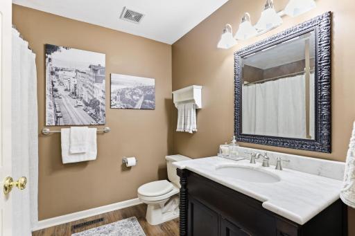 The lower-level full bath features elegant finishes and a bright, clean design, offering both comfort and convenience for guests.