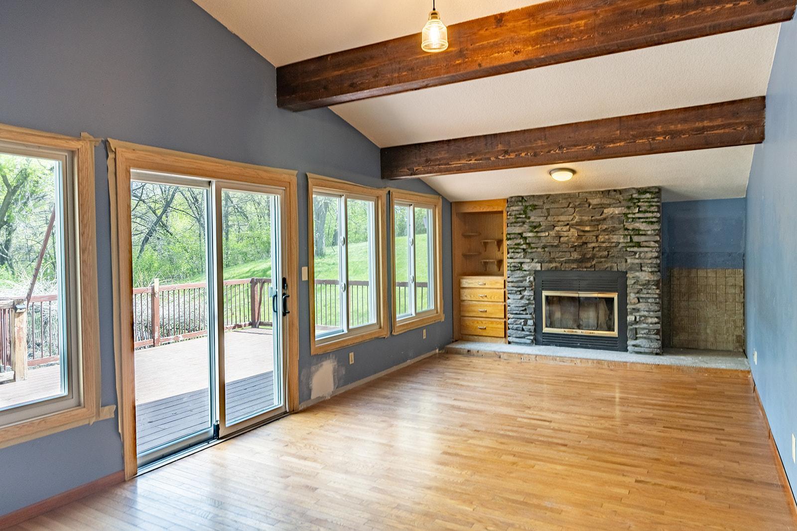 Family room with wood burning fireplace