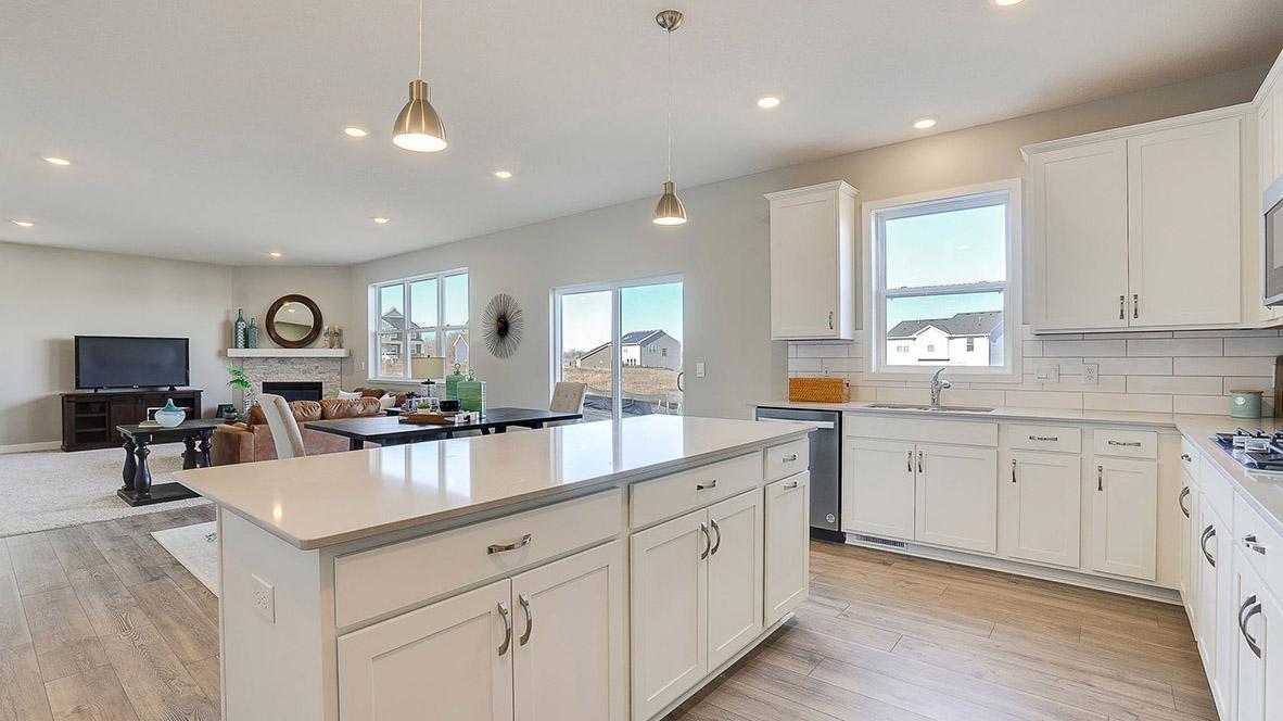 Beautiful quartz island overlooking the living room