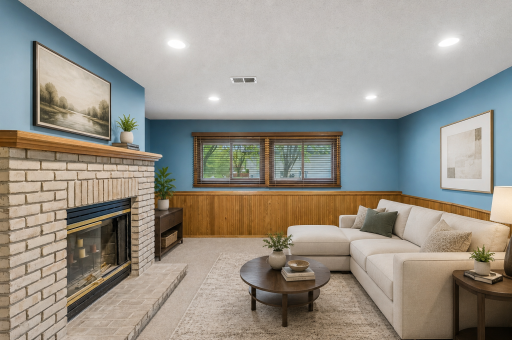 Virtually staged family room. Warm up by the fireplace in autumn and winter.