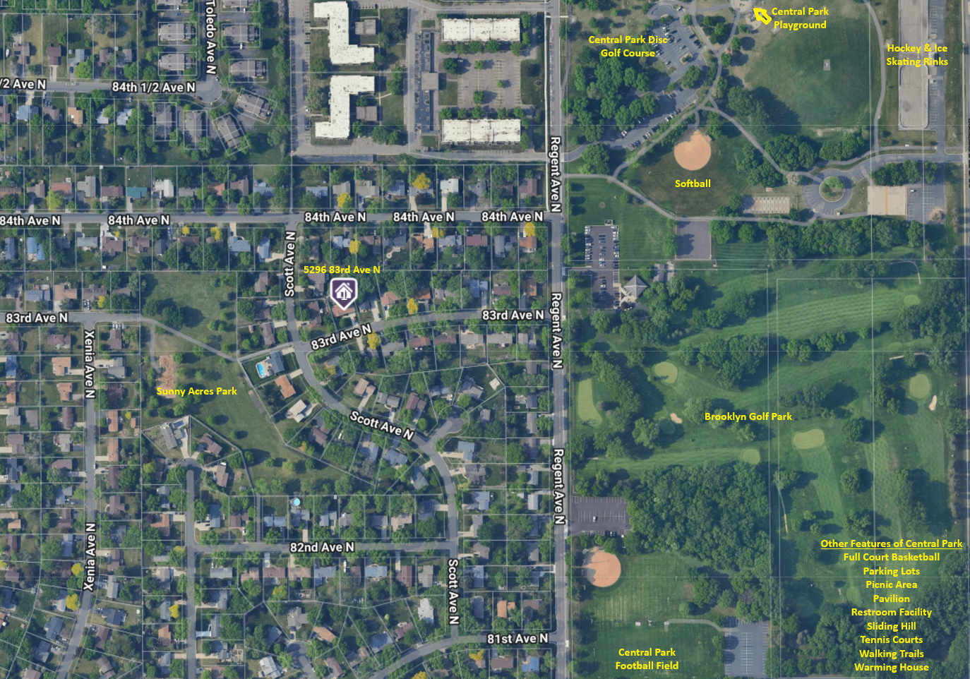 Satellite view of home and where parks, football field, and golf course are located.