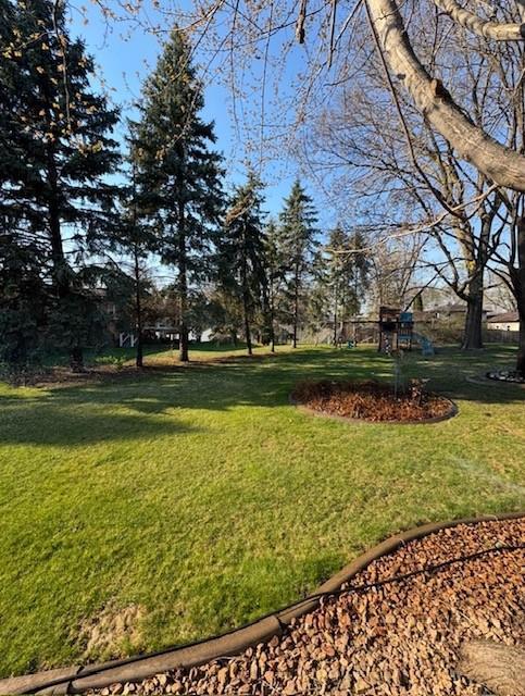 View from deck, yard is oversized with lots of tree coverage.