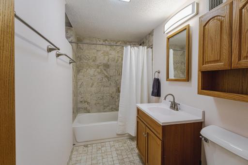 A second lower level bathroom lies across the hall from the second bedroom. The tub and shower fixtures are new in this bathroom.
