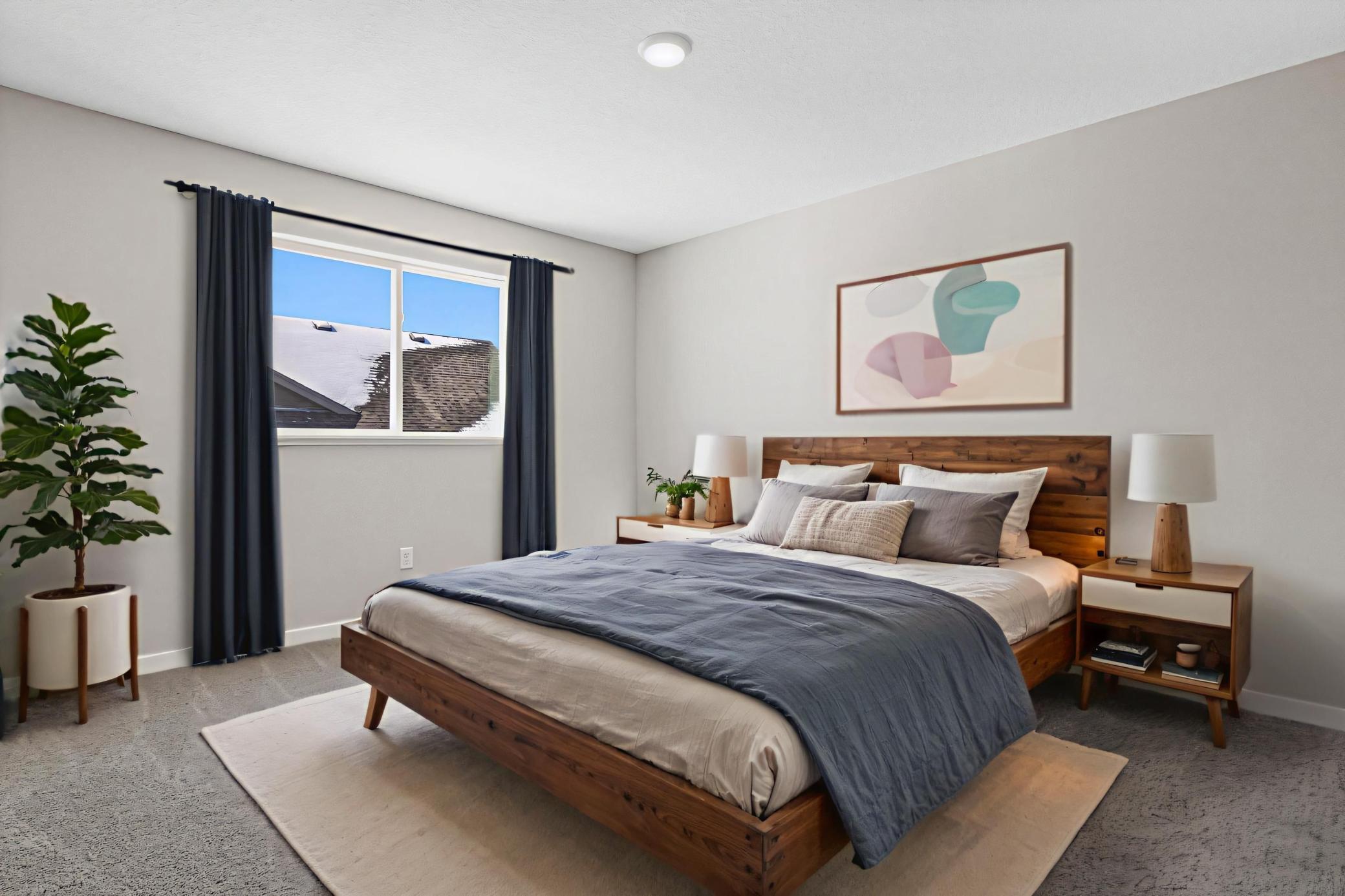Primary Suite, Virtually Staged. Photo taken of another home with similar plan and finishes. Photos and renderings may not depict actual plan, materials, & finishes may vary. All measurements are approximate.