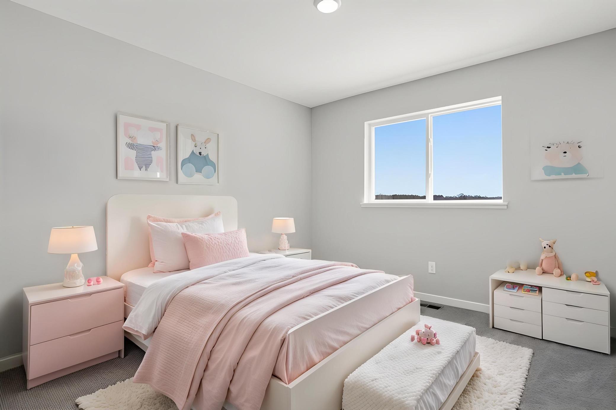 Bedroom 3, Virtually Staged. Photo taken of another home with similar plan and finishes. Photos and renderings may not depict actual plan, materials, & finishes may vary. All measurements are approximate.