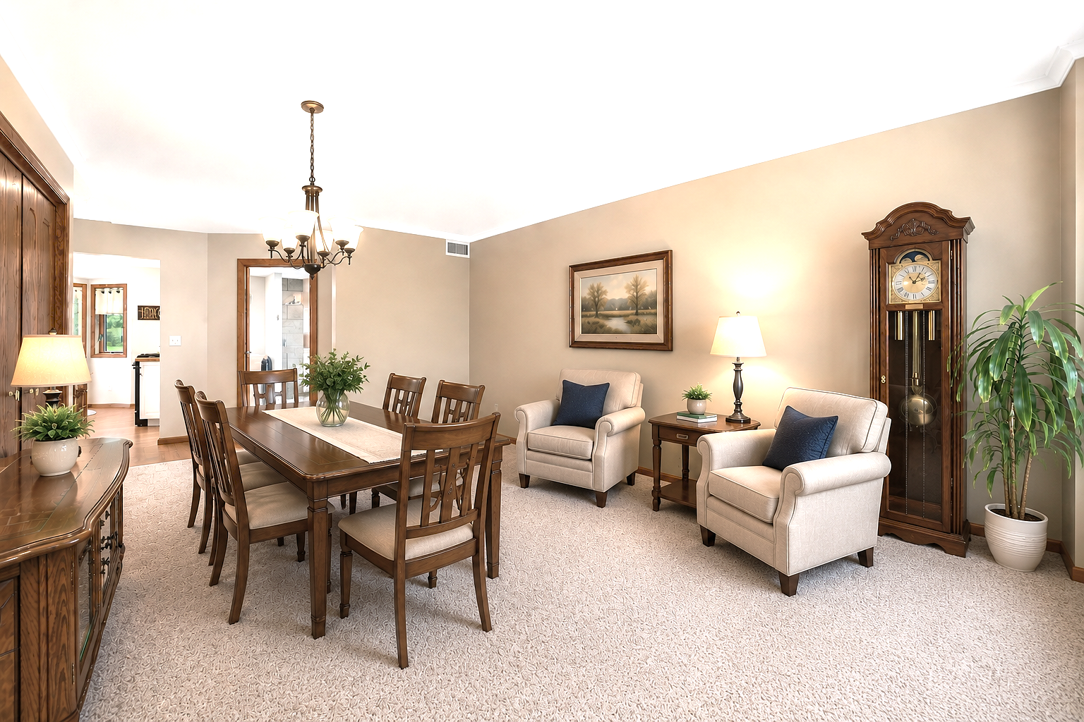 Virtual depiction of repurposed living room to add a dining area