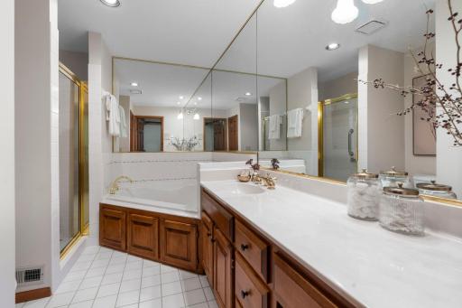Primary bathroom with corner soaking tub and separate shower