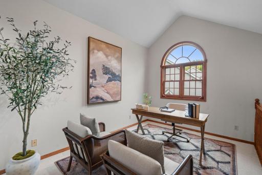 Cheerful loft space is perfect for a home office