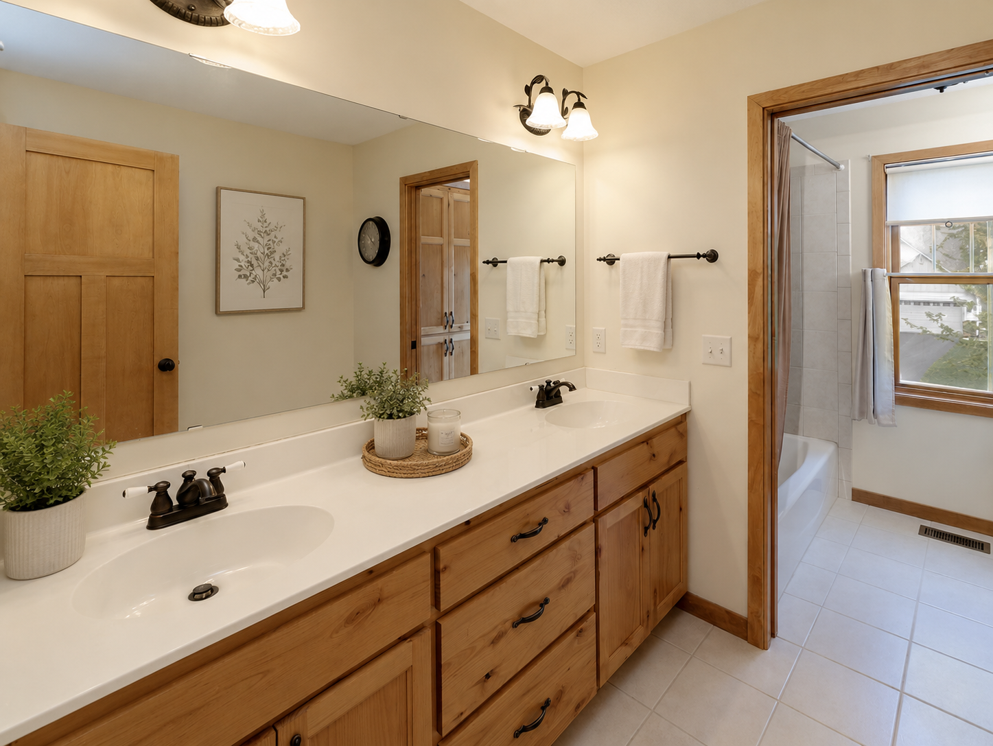 2nd full bath on upper level with dual vanity, tub/shower combo, and ceramic tile floors.
