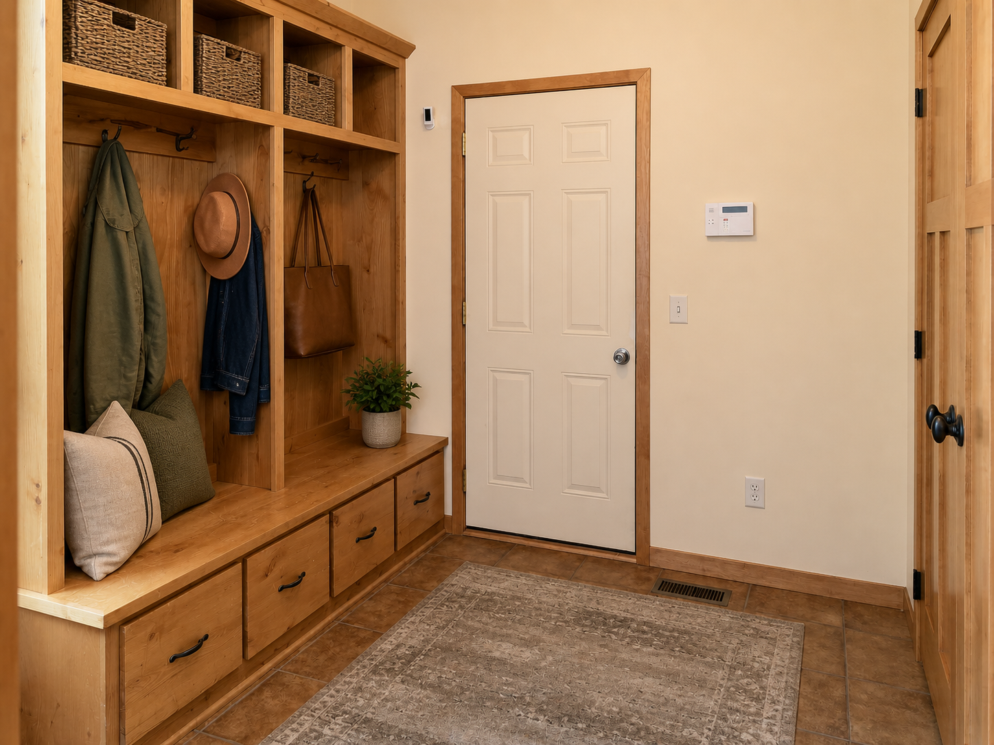Spacious mud room with built-in storage and coat rack. *virtually staged