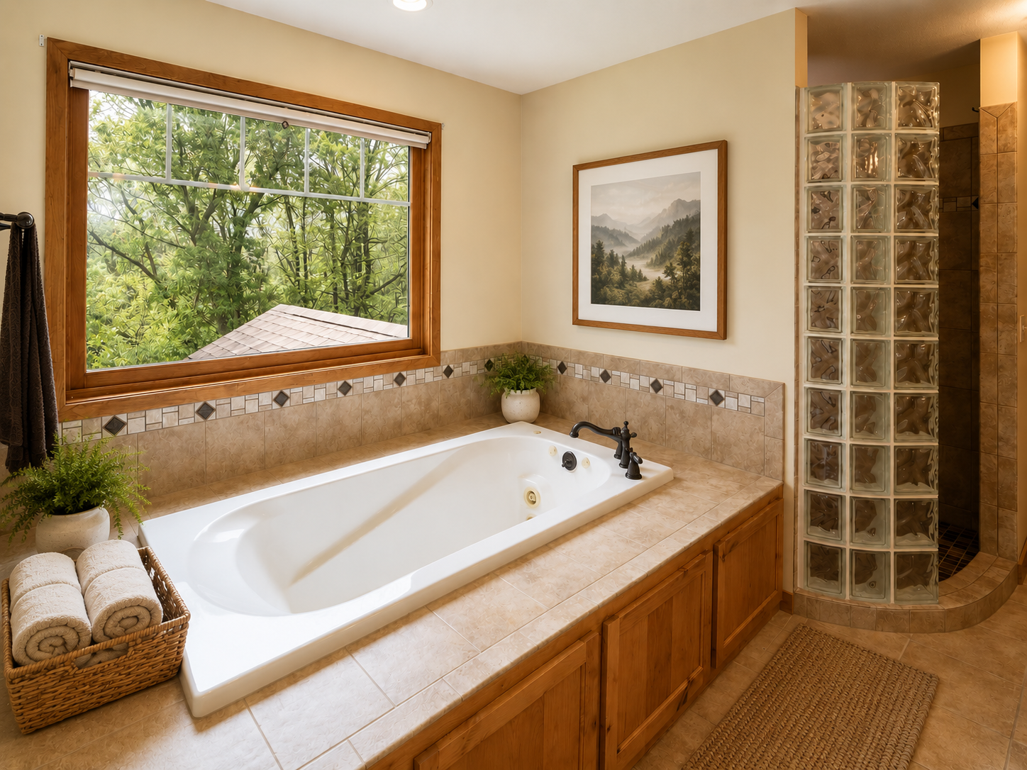 Luxury ensuite bath features whirlpool tub, glass block walk-in shower