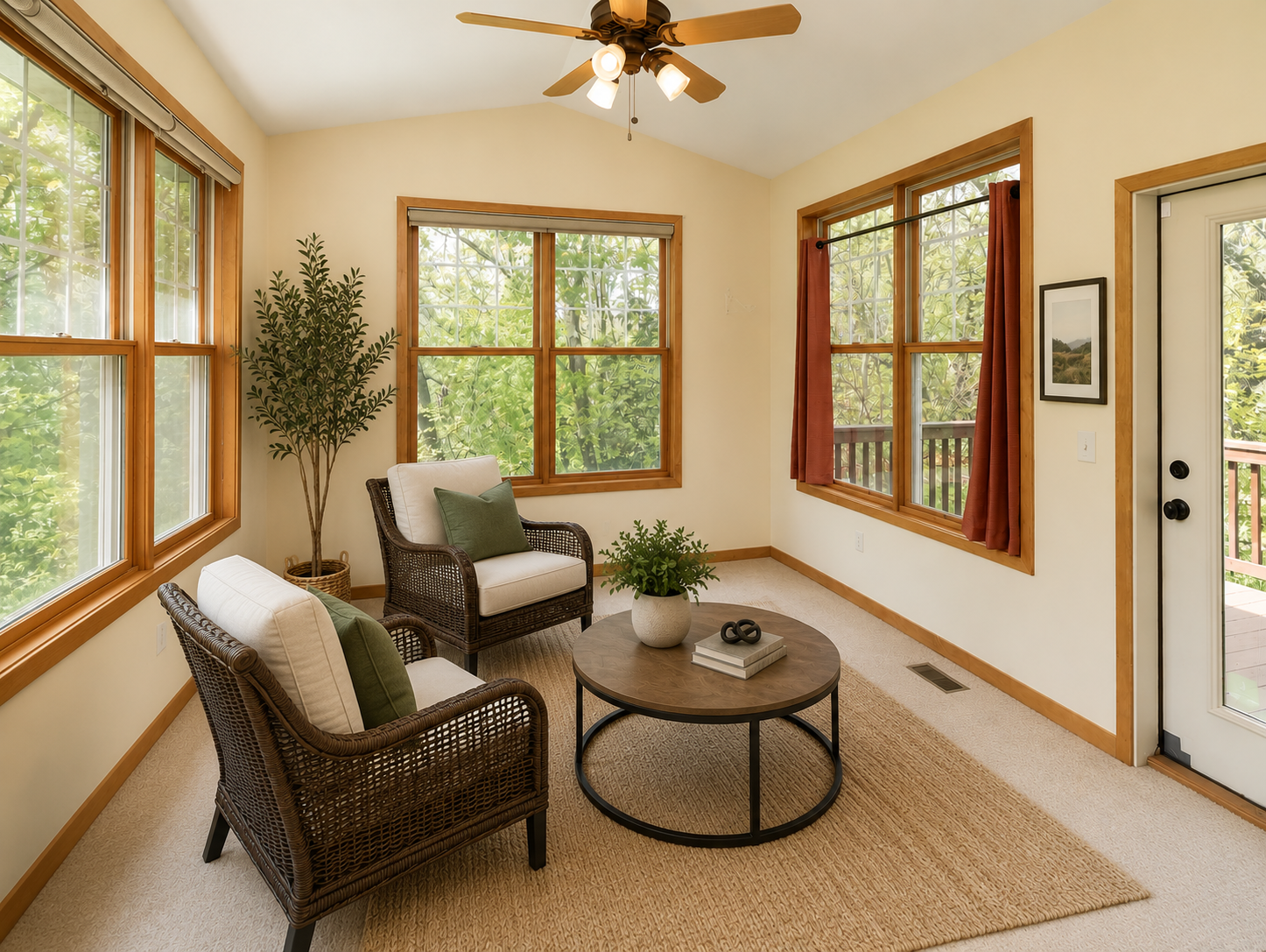 Cozy 4-season porch with private, wooded views. *virtually staged