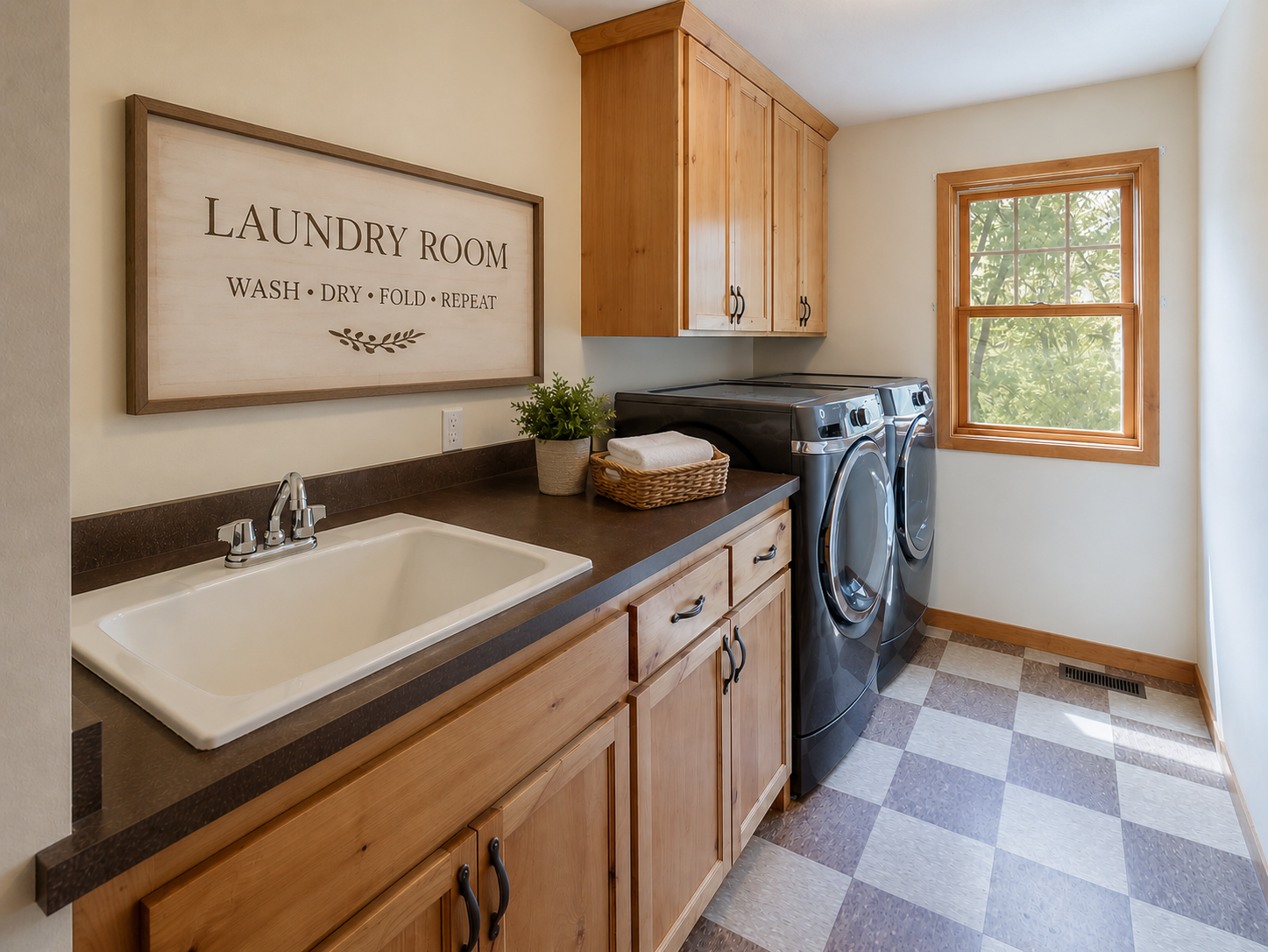 Spacious upper-level laundry room with sink and plenty of cabinets. *virtually stagged