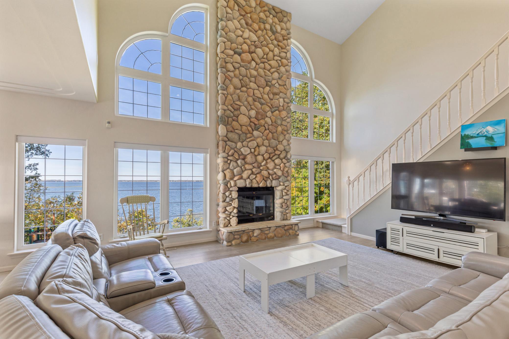 Double Volume Living Room with Stunning Lake Views