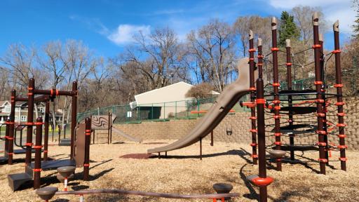 The play equipment and park building at nearby Thoresen Park