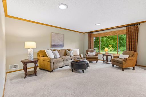 Spacious living room with new carpet and a stunning pond view.