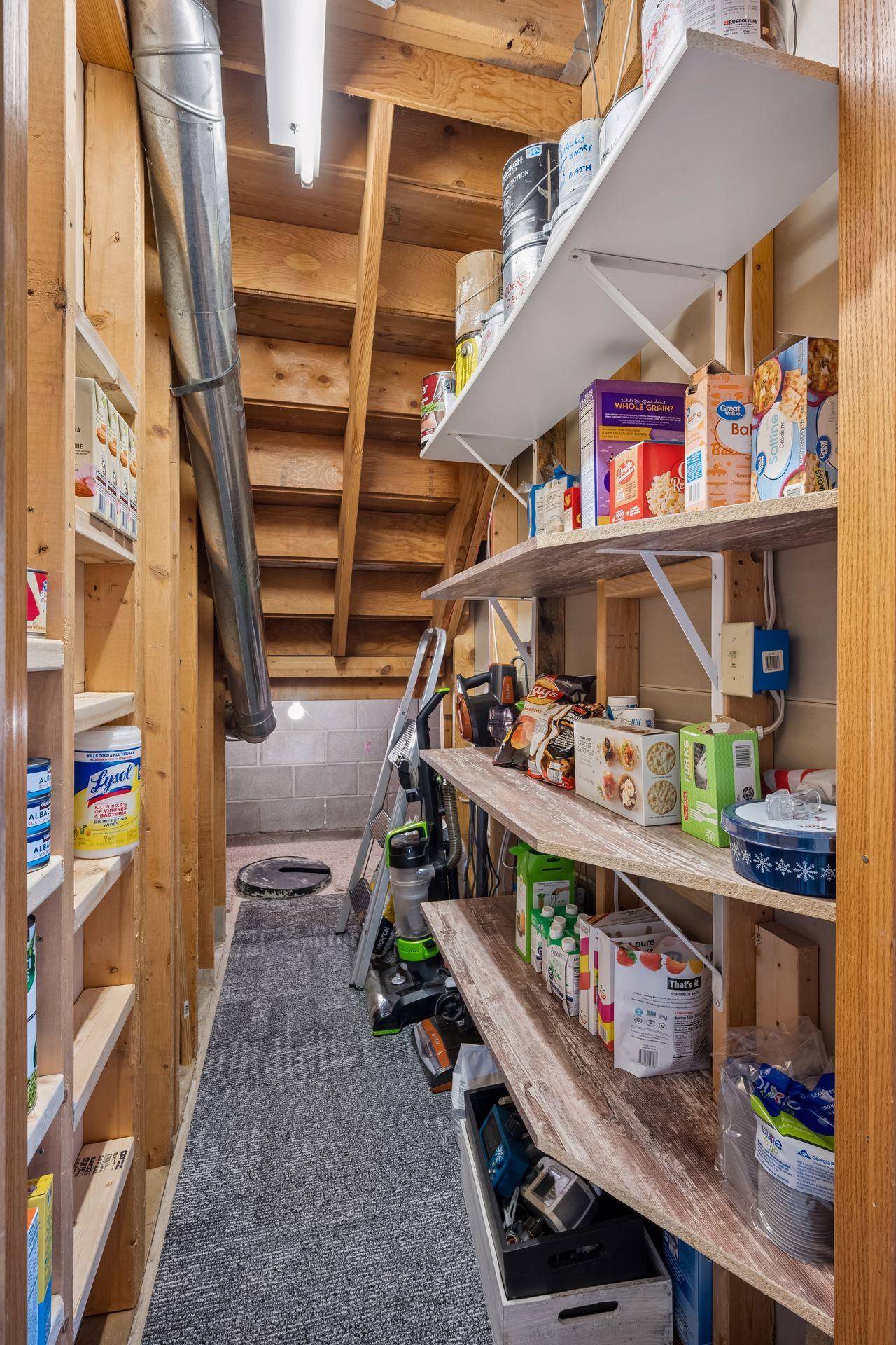 Storage space under the stairs with shelving