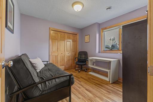 The fourth bedroom in the home located in the lower level showcases the solid 6 panel doors throughout the entire property.