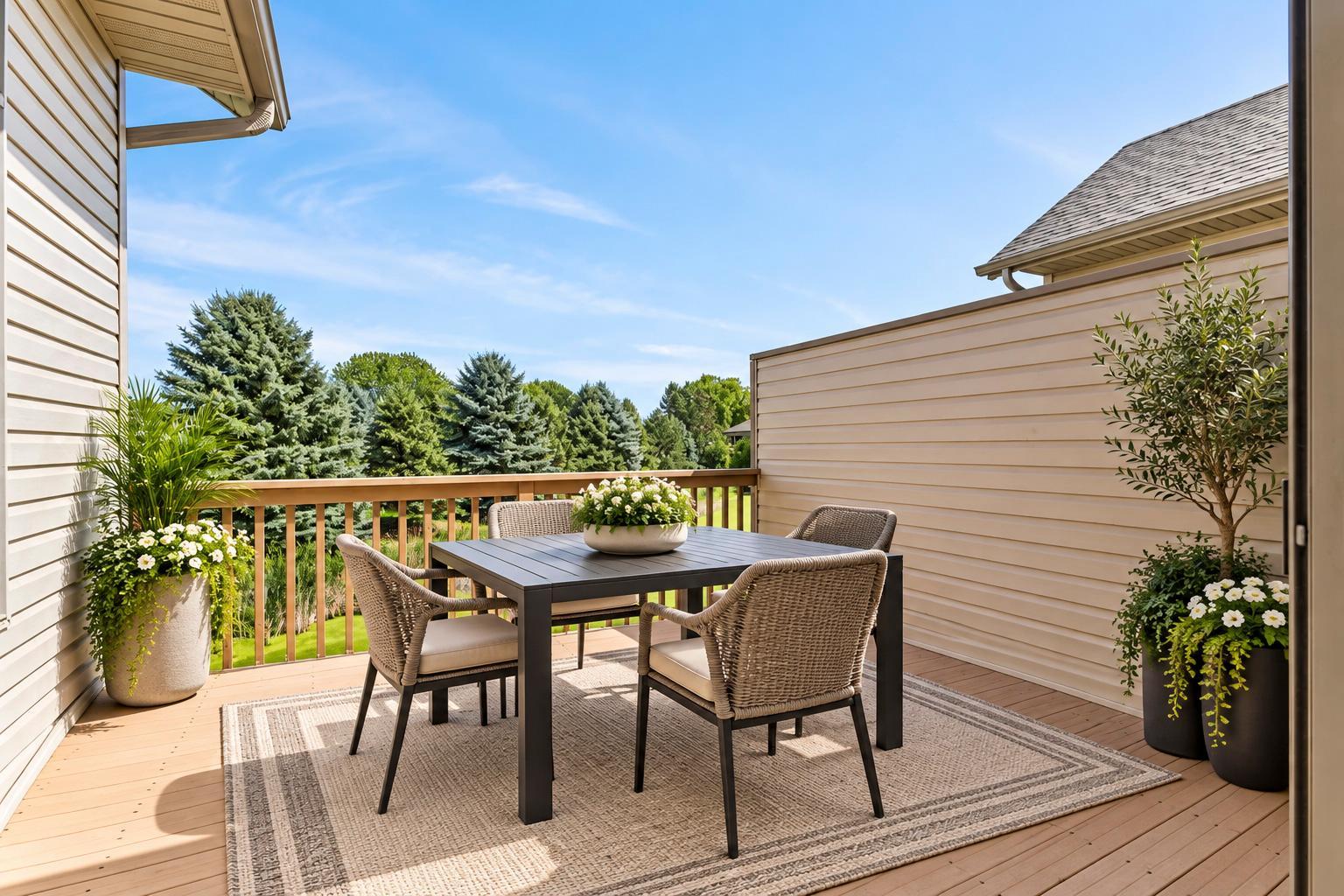 Peaceful morning coffee or evening diners all summer long overlooking your natural backdrop as this virtually staged space shows. The maintainence free deck floor offers years of enjoyment.