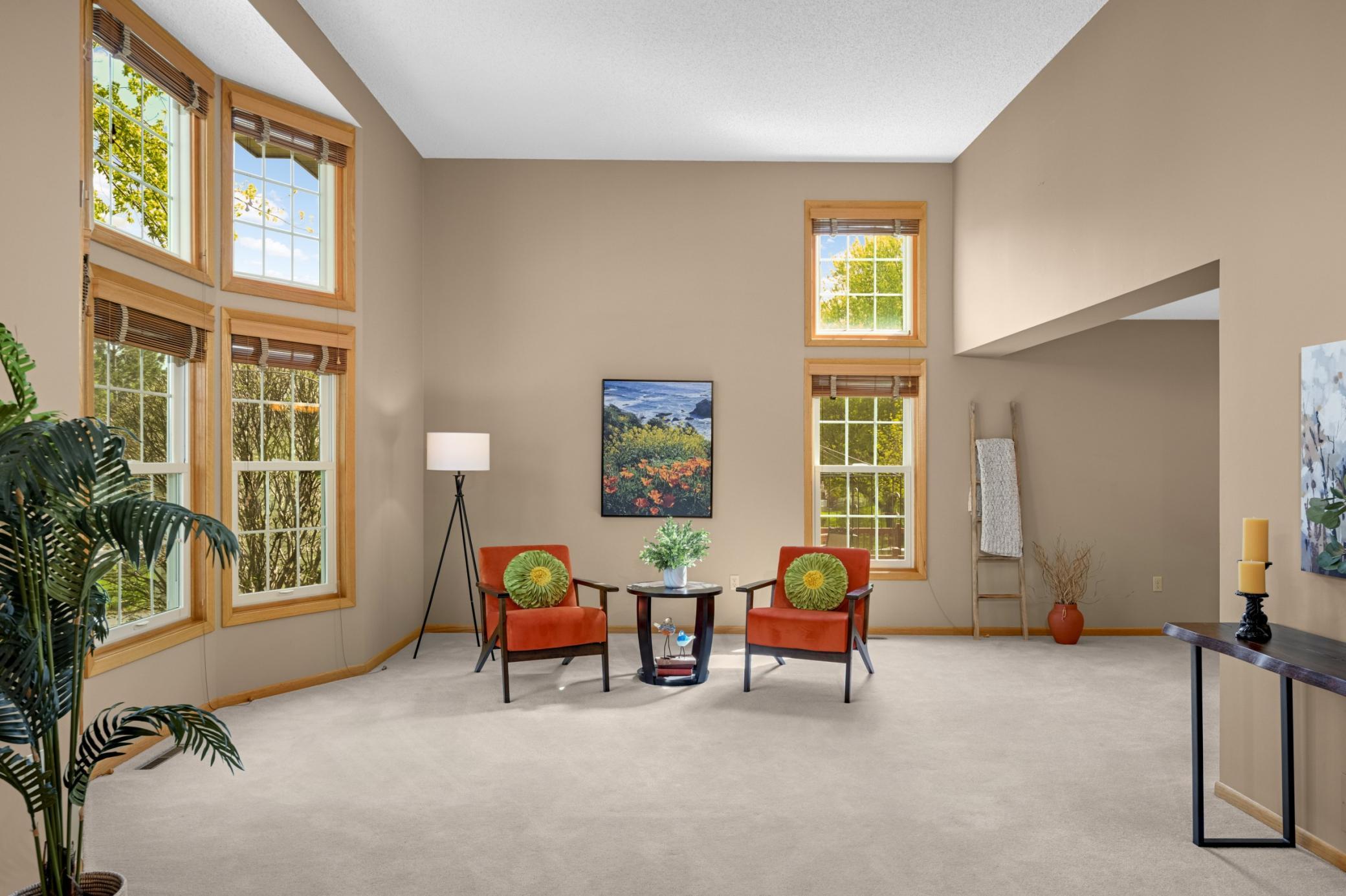 Step into the 12 ft ceiling Living Room.