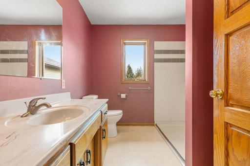 Main floor 3/4 bath! Walk-in shower with onyx surround and great counter/cabinet space!