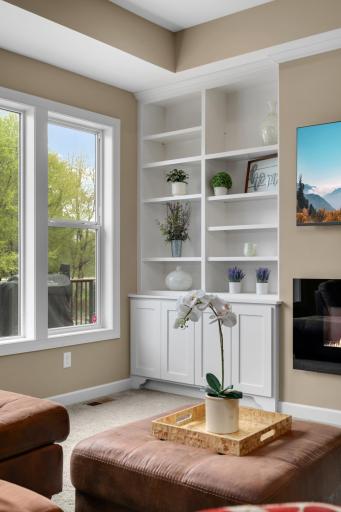Thoughtfully designed built-ins on both sides of the fireplace provide beautiful custom character, functional storage, and the perfect space to display dÃ©cor, books, or entertainment features.